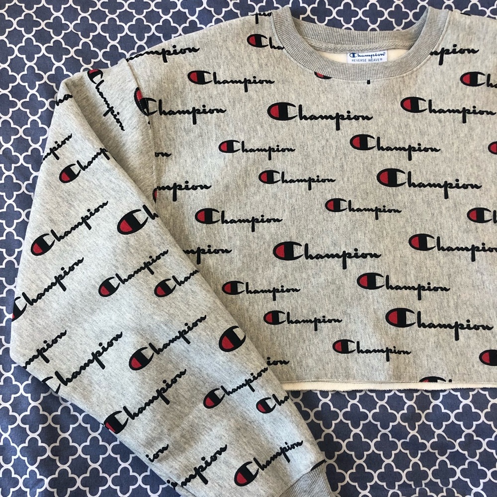 Champion, size S, grey patterned, cropped crew-neck sweater - Picture 1 of 5